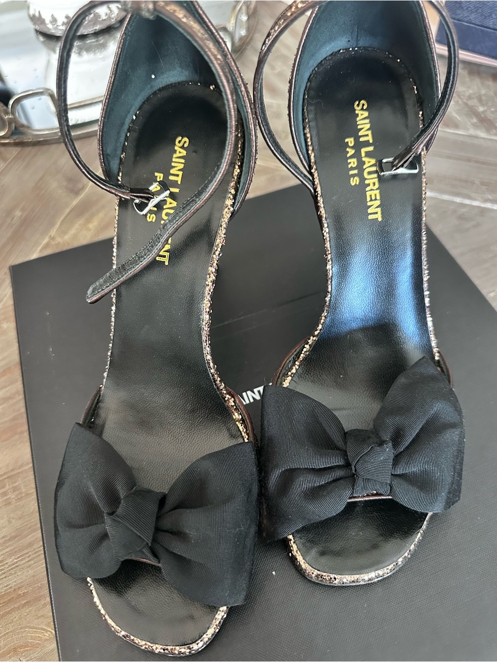 Saint Laurent Black Bow Ankle-Strap Heels with Metallic Trim - Picture 3 of 7